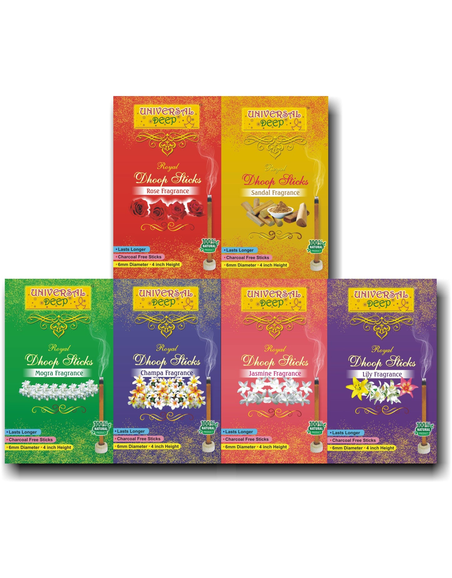 Universal Deep Dhoop Sticks 6in1 Fragrance Pack (Set of 12 Boxes with 20 sticks each, 2Box each for all 6 Fragrance-Sandal, Rose, Lily, Mogra, Jasmine, Champa)