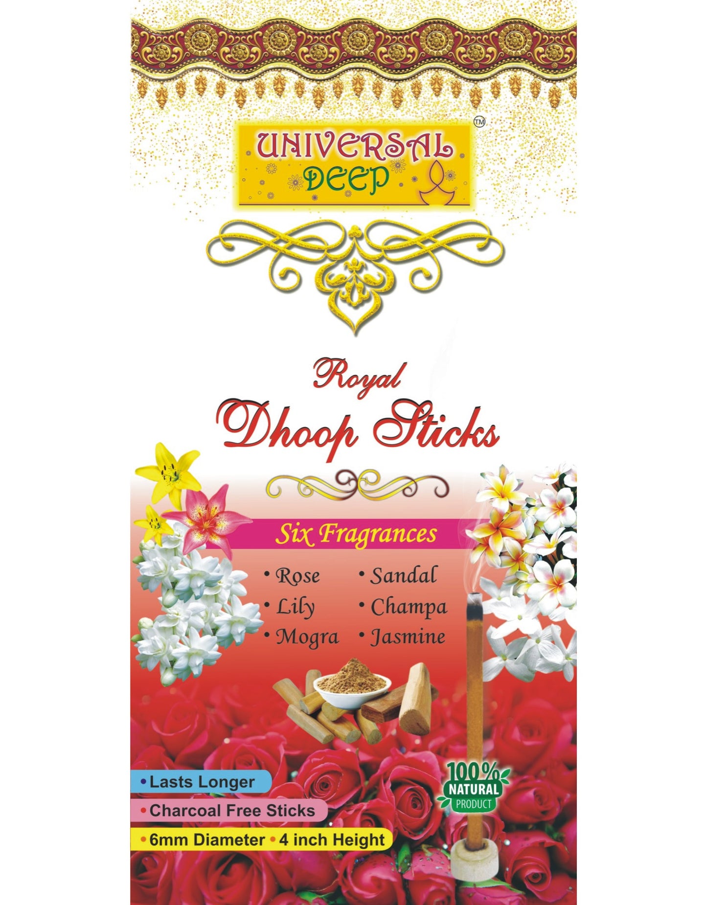 Universal Deep Dhoop Sticks 6in1 Fragrance Pack (Set of 12 Boxes with 20 sticks each, 2Box each for all 6 Fragrance-Sandal, Rose, Lily, Mogra, Jasmine, Champa)
