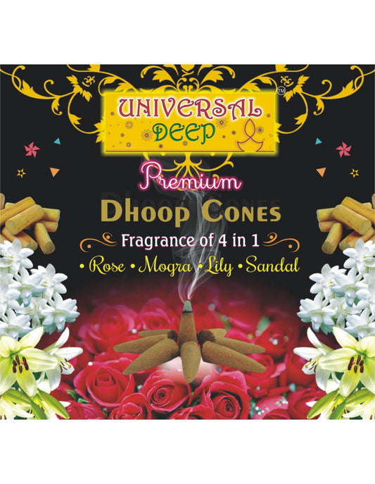 Cônes Deep Dhoop universels 4 en 1 (sandale, rose, lys, mogra), parfums, 40 pièces. Paquet