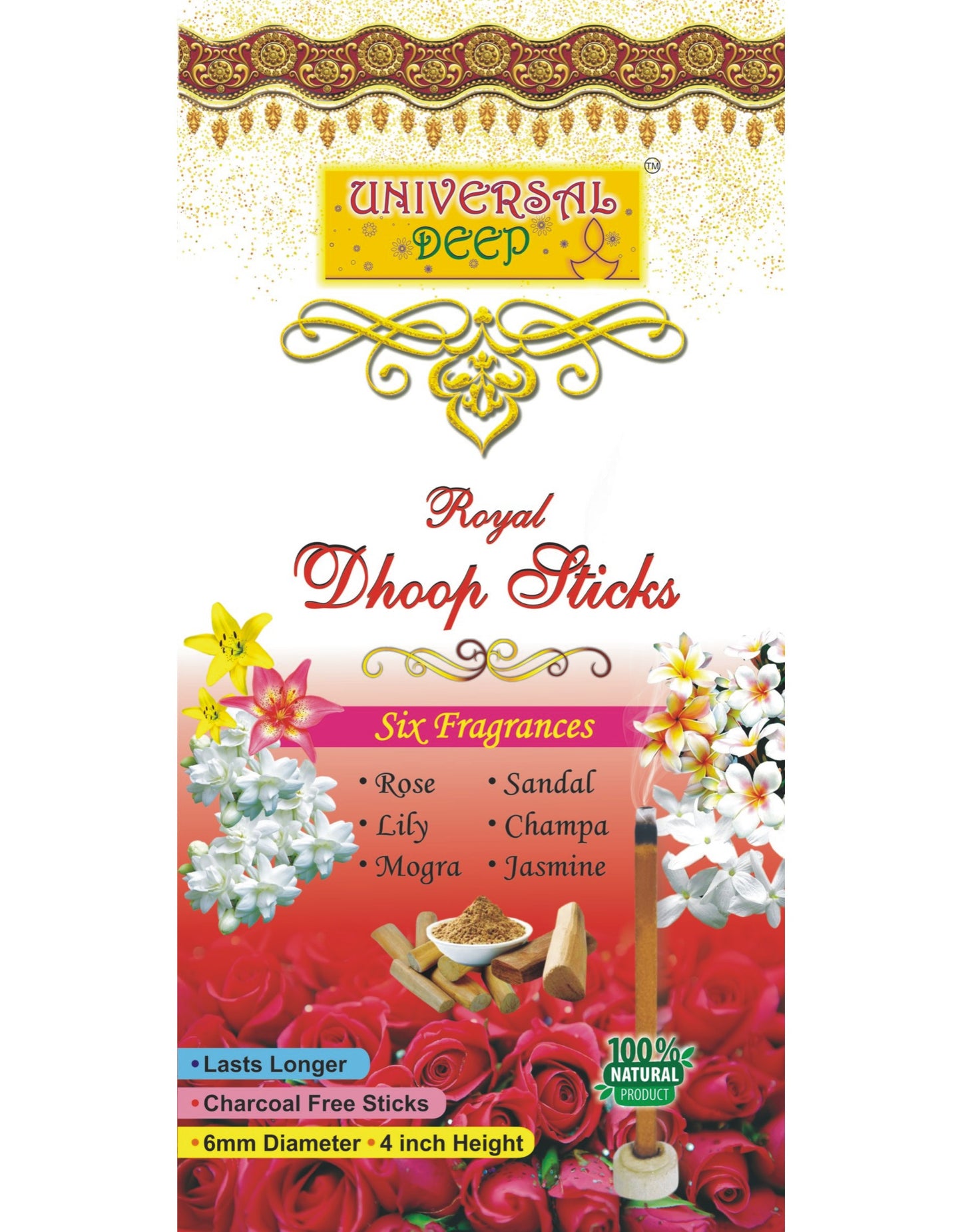 Pack de parfums Universal Deep Dhoop Sticks 6 en 1 (lot de 12 boîtes de 20 bâtons chacune, 2 boîtes chacune pour les 6 parfums-Sandal, Rose, Lily, Mogra, Jasmine, Champa)